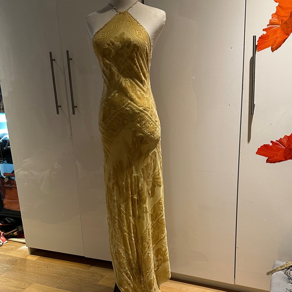 Pamela Dennis Elegant Yellow Maxi Dress with gathered or draped back( hi low)